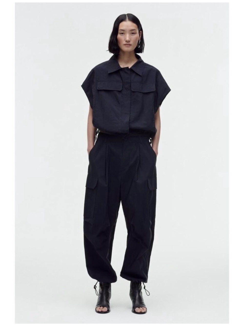 Zara Parachute Blouse Navy Blue Windbreaker Oversized Streetwear w Pockets XS